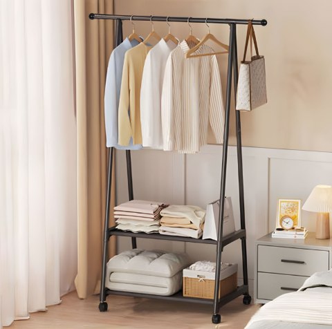Wieszak stojący stojak na kółkach z 2 półkami na ubrania buty ModernHome Wieszak stojący stojak na kółkach z 2 półkami na ubrania buty ModernHome