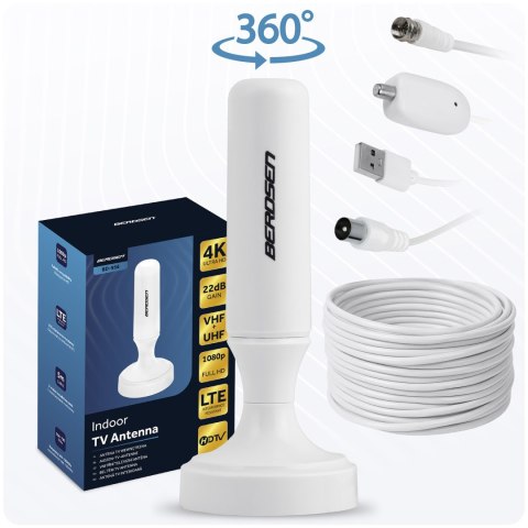 Antena wewnętrzna 360 stopni TV ultra HD 4K Berdsen BD-956 biała Antena wewnętrzna 360 stopni TV ultra HD 4K Berdsen BD-956 biała