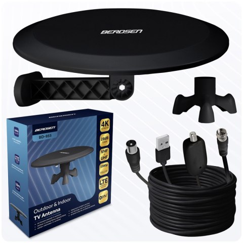 Antena wewnętrzna zewnętrzna TV ultra HD 4K Berdsen BD-955 czarna Antena wewnętrzna zewnętrzna TV ultra HD 4K Berdsen BD-955 czarna