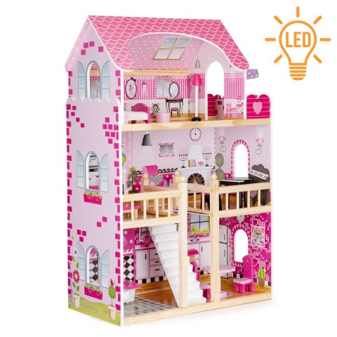 Drewniany domek dla lalek mebelki oświetlenie LED ECOTOYS Drewniany domek dla lalek mebelki oświetlenie LED ECOTOYS