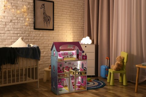 Drewniany domek dla lalek mebelki oświetlenie LED ECOTOYS Drewniany domek dla lalek mebelki oświetlenie LED ECOTOYS