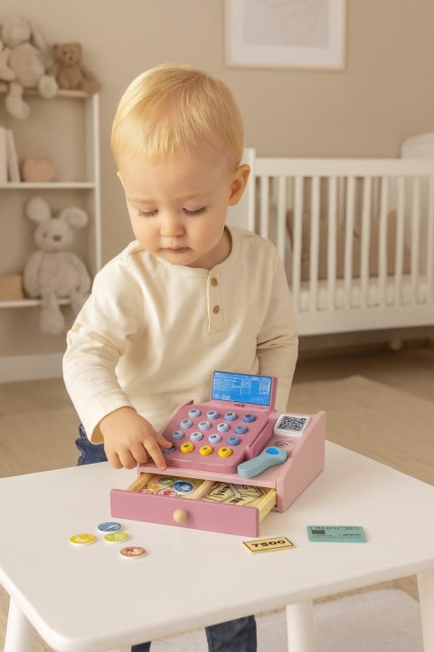Drewniana kasa fiskalna dla dzieci skaner banknoty monety karta Drewniana kasa fiskalna dla dzieci skaner banknoty monety karta