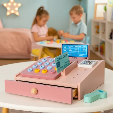 Drewniana kasa fiskalna dla dzieci skaner banknoty monety karta Drewniana kasa fiskalna dla dzieci skaner banknoty monety karta