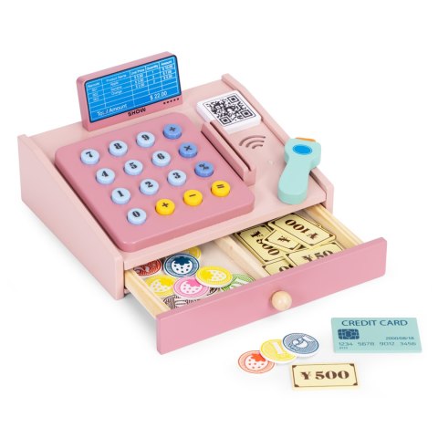 Drewniana kasa fiskalna dla dzieci skaner banknoty monety karta Drewniana kasa fiskalna dla dzieci skaner banknoty monety karta