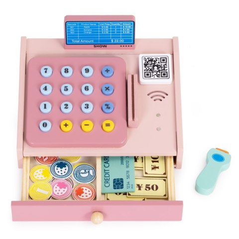 Drewniana kasa fiskalna dla dzieci skaner banknoty monety karta Drewniana kasa fiskalna dla dzieci skaner banknoty monety karta