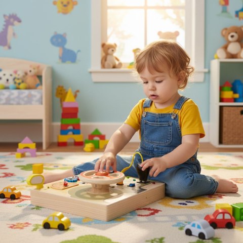 Drewniana tablica manipulacyjna LED sensoryczna dla dzieci panel edukacyjny auto kierownica 14 elementów Drewniana tablica manipulacyjna LED sensoryczna dla dzieci panel edukacyjny auto kierownica 14 elementów