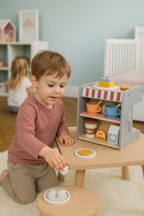 Drewniany ekspres do kawy dla dzieci 2w1 sklepik zestaw baristy 26 akcesoriów ECOTOYS Drewniany ekspres do kawy dla dzieci 2w1 sklepik zestaw baristy 26 akcesoriów ECOTOYS