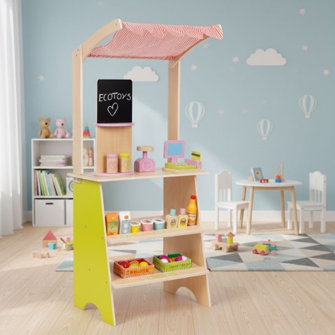 Duży drewniany stragan dla dzieci sklep z terminalem i wagą owoce warzywa 20 elementów ECOTOYS Duży drewniany stragan dla dzieci sklep z terminalem i wagą owoce warzywa 20 elementów ECOTOYS