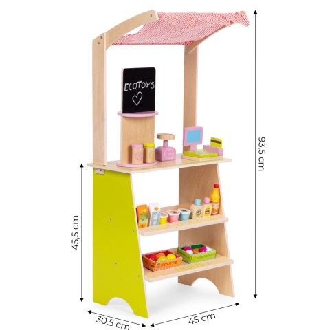 Duży drewniany stragan dla dzieci sklep z terminalem i wagą owoce warzywa 20 elementów ECOTOYS Duży drewniany stragan dla dzieci sklep z terminalem i wagą owoce warzywa 20 elementów ECOTOYS
