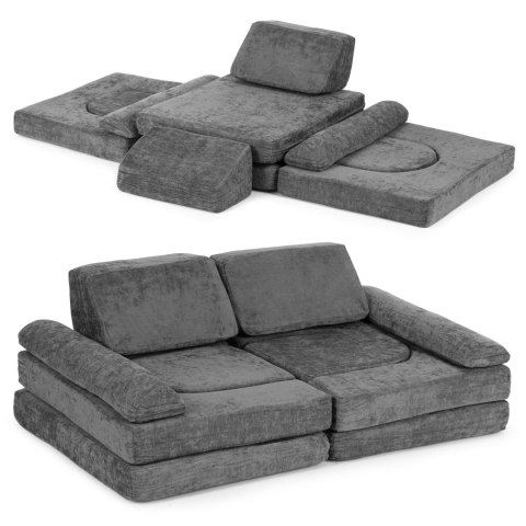 Sofa składana modułowa dla dzieci duża 2-osobowa DIY 10 miękkich poduch tkanina szenilowa - szara ECOTOYS Sofa składana modułowa dla dzieci duża 2-osobowa DIY 10 miękkich poduch tkanina szenilowa - szara ECOTOYS