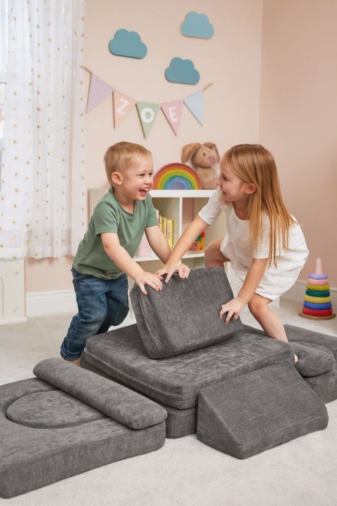 Sofa składana modułowa dla dzieci duża 2-osobowa DIY 10 miękkich poduch tkanina szenilowa - szara ECOTOYS Sofa składana modułowa dla dzieci duża 2-osobowa DIY 10 miękkich poduch tkanina szenilowa - szara ECOTOYS