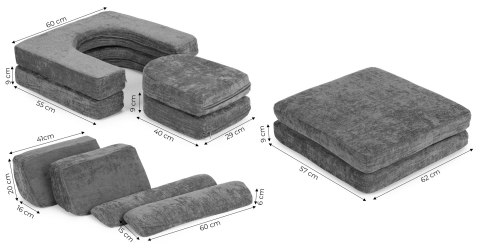 Sofa składana modułowa dla dzieci duża 2-osobowa DIY 10 miękkich poduch tkanina szenilowa - szara ECOTOYS Sofa składana modułowa dla dzieci duża 2-osobowa DIY 10 miękkich poduch tkanina szenilowa - szara ECOTOYS