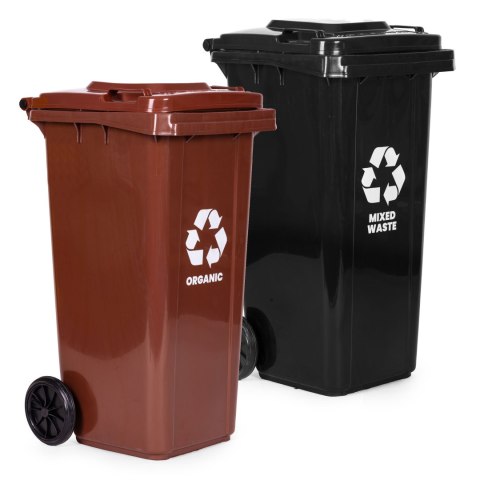 Zestaw 2 koszy na śmieci pojemniki 2x120L czarny brązowy odpady zmieszane BIO gumowe koła Zestaw 2 koszy na śmieci pojemniki 2x120L czarny brązowy odpady zmieszane BIO gumowe koła