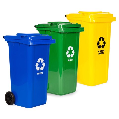 Zestaw 3 koszy na śmieci pojemniki 3x120L niebieski zielony żółty makulatura szkło plastik gumowe koła Zestaw 3 koszy na śmieci pojemniki 3x120L niebieski zielony żółty makulatura szkło plastik gumowe koła