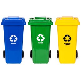 Zestaw 3 koszy na śmieci pojemniki 3x120L niebieski zielony żółty makulatura szkło plastik gumowe koła