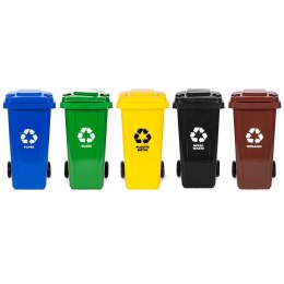 Zestaw 5 koszy na śmieci pojemniki 5x120L niebieski zielony żółty czarny brązowy makulatura szkło plastik odpady zmieszane BIO g
